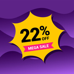 22% sale badge vector illustration on a purple gradient background. Twenty two percent price tag. Yellow and purple.