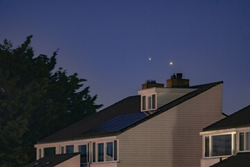 The Great Conjunction an amazing and historical astronomical event. Jupiter and Saturn planets in the night sky appearing as a rare phenomenon over a Dutch village in Netherland 