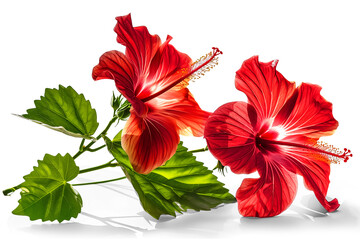 Two beautiful hibiscus flowers with leaves isolated on a transparent background.