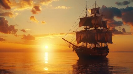 Medieval ship with white sails sailing at beautiful sunset. Mystery scary boat. Gorgeous rich sailboat. Vessel floating sea, ocean. Fairytale historical nautical travel. Seascape view. - obrazy, fototapety, plakaty