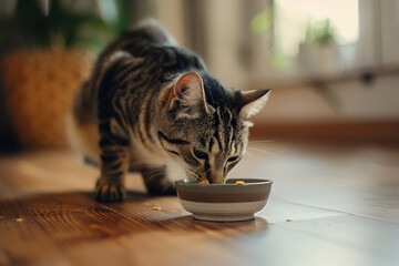 cat happily eating from a ceramic bowl