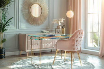 A chic office with a glass desk, a pink chair, and a gold lamp.