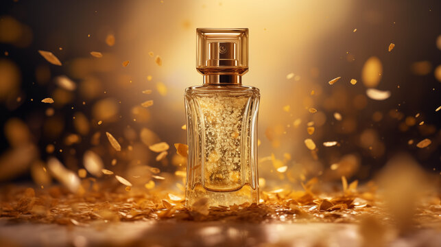 Petit flacon de parfum entour&eacute; sur un fond noir et dor&eacute; avec particules scintillantes et brillantes. Ombre et lumi&egrave;re. Nature, beaut&eacute;, cosm&eacute;tique, soin. Fond pour conception et cr&eacute;ation graphique.
