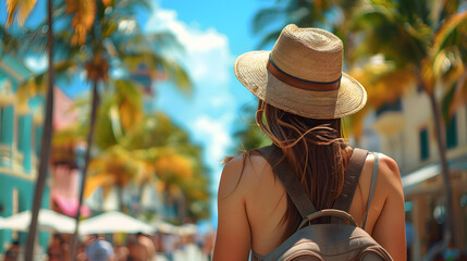 A woman wearing a sun hat and a backpack strolls down the street - obrazy, fototapety, plakaty