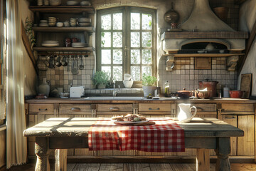 A farmhouse kitchen with a wooden table, a red checkered tablecloth, and a white pitcher.