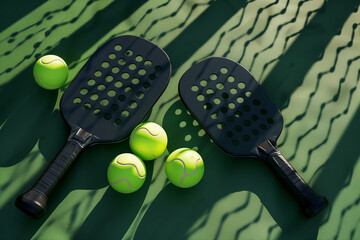 Pickleball equipment on court with sunshine, top view in 3D
