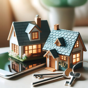 A miniature model of a cozy tiny house with a set of silver keys placed beside it, symbolizing the concept of purchasing a small home or property in the real estate market.