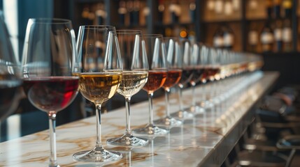 An elegant wine tasting event setup with rows of glasses filled with various red and white wine samples, beautifully arranged on a sleek marble countertop, awaiting eager connoisseurs.