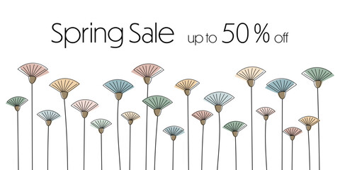Spring Sale up to 50% off - Schriftzug in englischer Sprache - Frühlingsausverkauf bis zu 50% Rabatt. Verkaufsbanner mit modernen abstrakten Blumen in Pastellfarben.