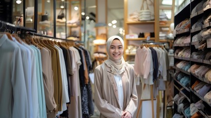 portrait of an attractive Asian female business owner standing with a crossed arm in her boutique fashion store. muslim entrepreneur concept. SME business online concept. - obrazy, fototapety, plakaty