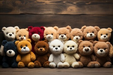 Many different teddy bears on a wooden background with copy space, toy store advertising