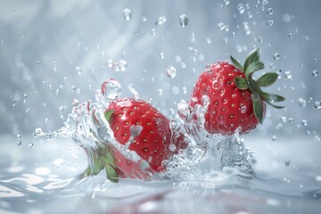 strawberries falling into water with water splashing