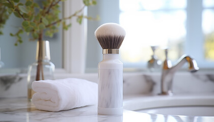 soap dispenser and hair brush on white bathroom background.  - obrazy, fototapety, plakaty