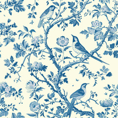 Toile De Jouy Vintage Floral Seamless Pattern Elegant Vector Graphics 15 - 755597536