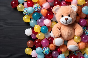 Adorable beige teddy bear plush toy surrounded by vibrant colorful balls for playtime fun