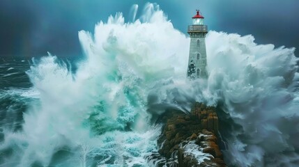 huge sea waves hit the lighthouse