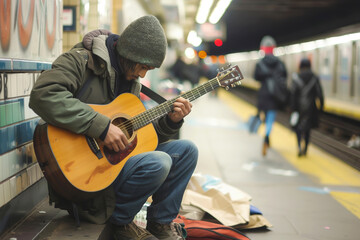 Young homeless man plays guitar to get money for living at subway station. Musician performs on city street after home losing. Social problem