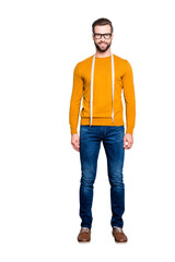 Fototapeta premium Full size fullbody portrait snap of cheerful, joyful, strict, attractive dressmaker with centimeter on neck in pullover, looking at camera isolated on grey background