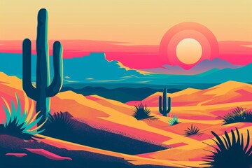 a desert with cactuses and mountains - obrazy, fototapety, plakaty