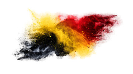 Uganda flag colours powder exploding on isolated background