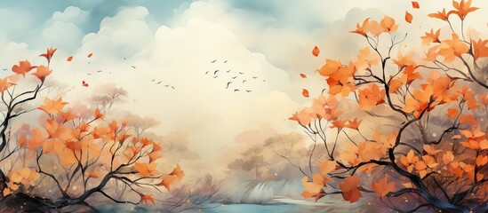 Obraz na płótnie Canvas Autumn landscape with trees, lake and flying birds.