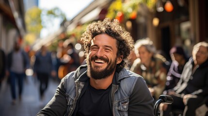 Portrait of handsome man with curly hair - obrazy, fototapety, plakaty
