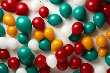 Assorted green, red, and yellow balloons scattered on white background for festive party decoration