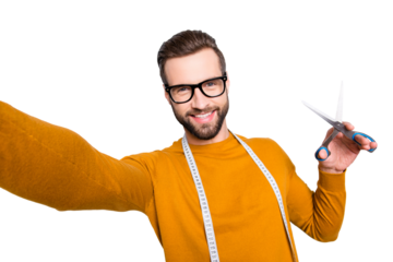 Self portrait of cheerful joyful attractive dressmaker shooting selfie on front camera holding scissors in hand and centimeter on neck, having fun leisure video-call, isolated on grey background