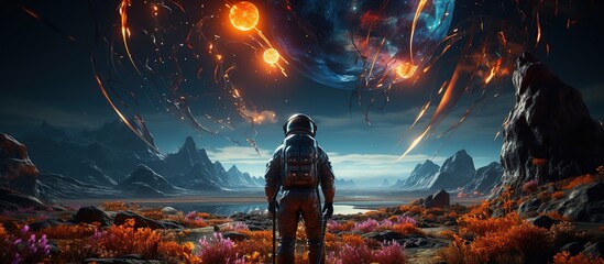 Astronaut on foreign planet in front of spacetime portal light. Astronaut in space. Fantasy landscape.