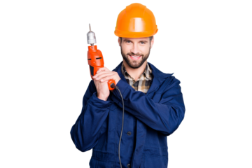 Portrait of joyful positive repairer in protective hard hat with stubble showing, having equipment in arm isolated on grey background