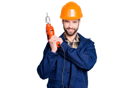 Portrait of joyful positive repairer in protective hard hat with stubble showing, having equipment in arm isolated on grey background