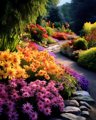 Colorful flowers are blooming in a garden.