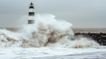 lighthouse in the middle of the sea with big beach waves