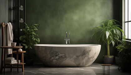 interior of a modern bathroom in green tones. bathroom with bathtub with green wall and marble against the background of a beautiful window.