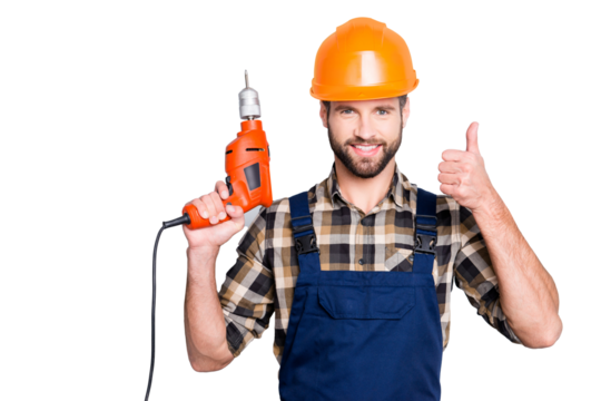 Portrait of joyful cheerful repairer in protective hard hat, overalls, shirt with bristle showing thumb up having equipment in arm isolated on grey background