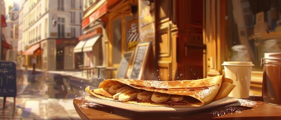 Delicious crepe with bananas and chocolate, served with a drink on a Parisian street cafe table. - obrazy, fototapety, plakaty