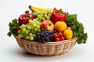 Assorted organic fresh vegetables and fruits in a wicker basket isolated on white background