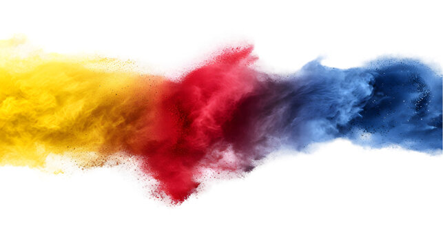 Chad flag colours powder exploding on isolated background