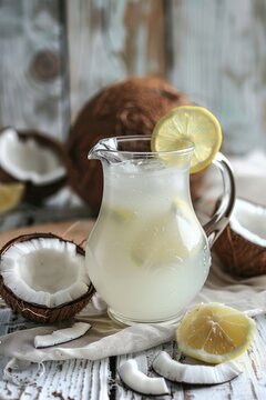 Coconut lemonade in a jug with lemons