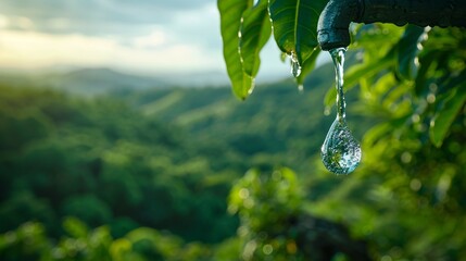 A crystal-clear water drop clings to a lush green leaf - obrazy, fototapety, plakaty