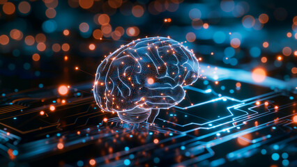 A human brain illuminated with neural connections enhanced by a brain-computer interface chip, symbolizing heightened cognitive functions. Futuristic science technology concept