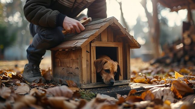 A man with his pet is building a wooden dog house against a hazy sunlit background with space for text, Generative AI.