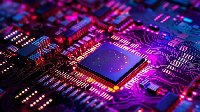 close up computer chip processor with luminent colors