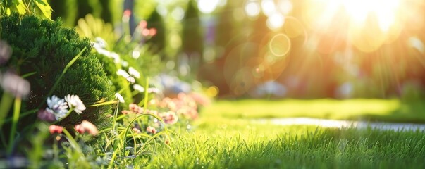 garden with colorful flowers and sunshine - obrazy, fototapety, plakaty
