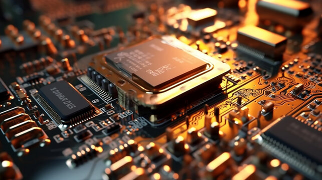 close up computer chip processor with luminent colors