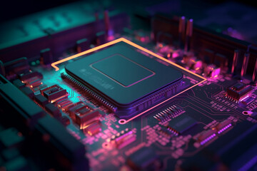 Fototapeta na wymiar close up computer chip processor with luminent colors