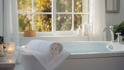 towel on a white bathtub in a bright bathroom with beautiful light from the window. the atmosphere of a pleasant bath, spa treatment at home. 