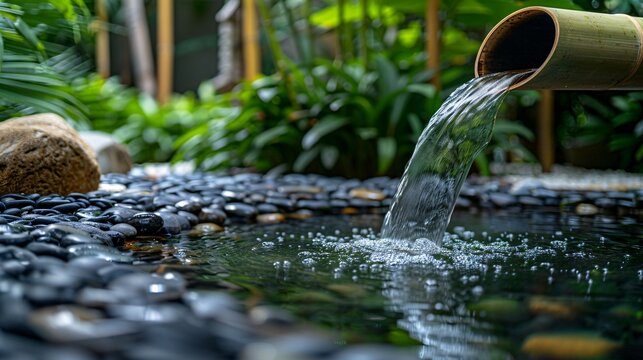 A garden fountain with water cascading into a stone basin