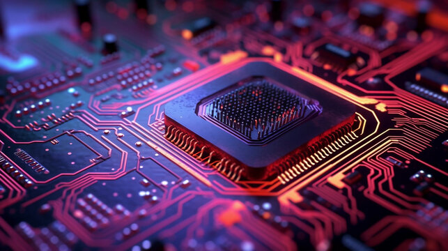 close up computer chip processor with luminent colors