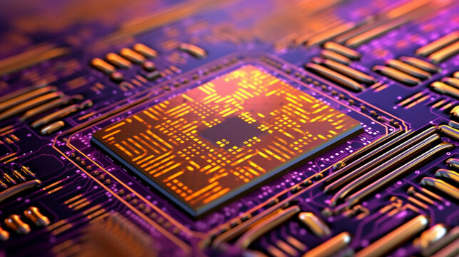 close up computer chip processor with luminent colors